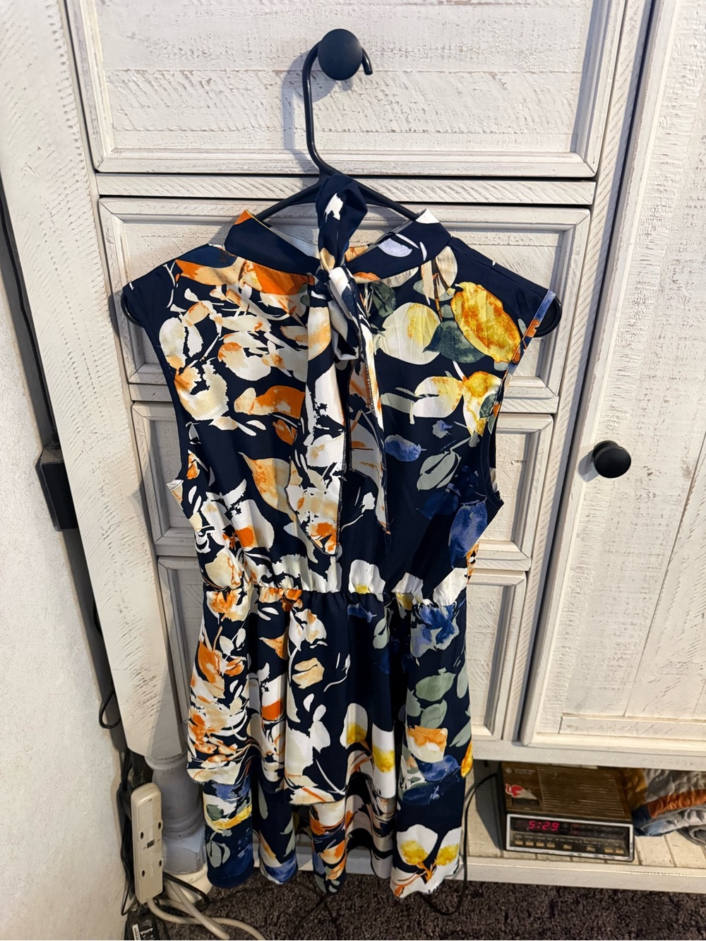 SHEIN Navy Floral Midi Dress with Yellow & Orange Accents